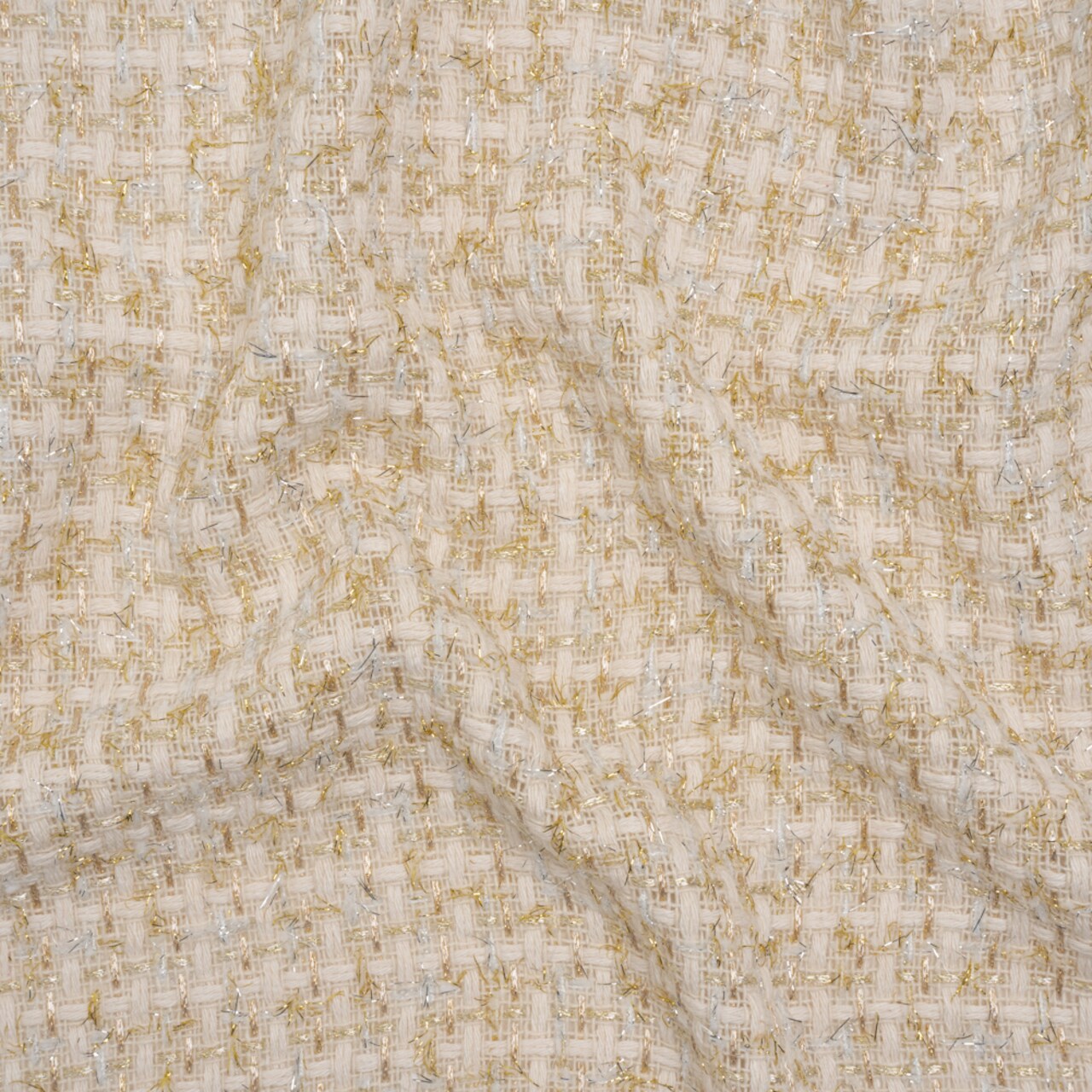 1 Yard Wool Blend Tweed with Silver and Gold Eyelash Fringe Cream Checks Deadstock 58’’ Width